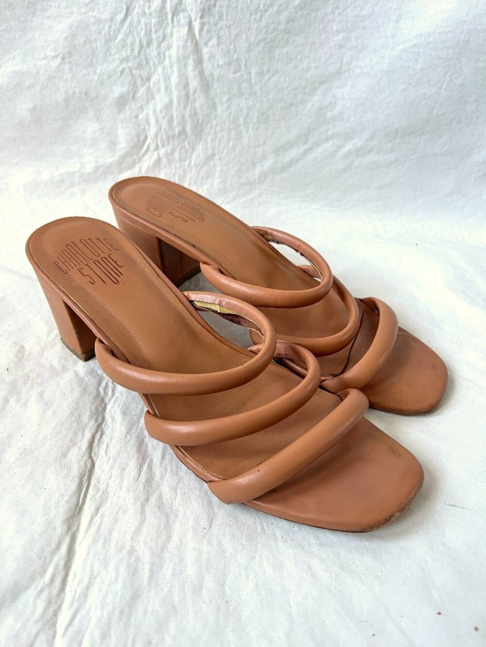 Charlotte Stone sandals Belle 9 high heel brown leather 3 straps block slip on
